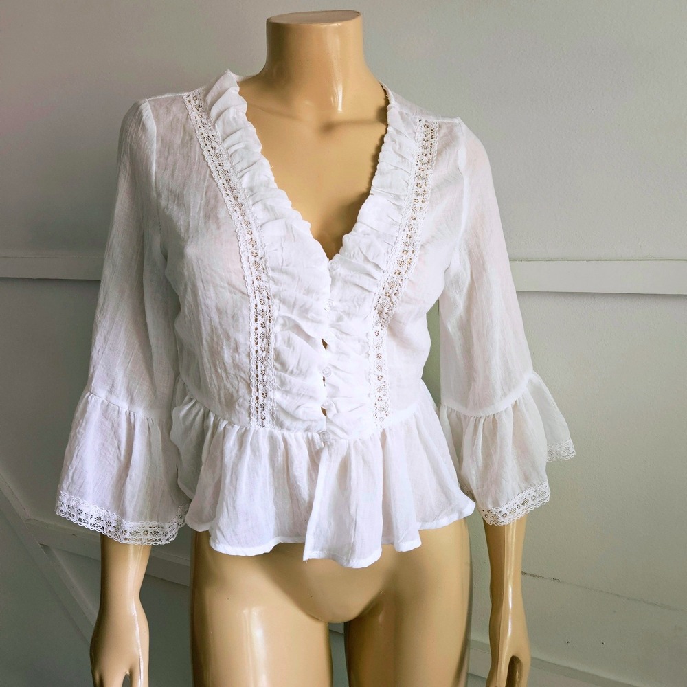 LIFE Love Is For Eternity White Ruffle Lace Peplum Blouse 3/4 Bell Sleeve M